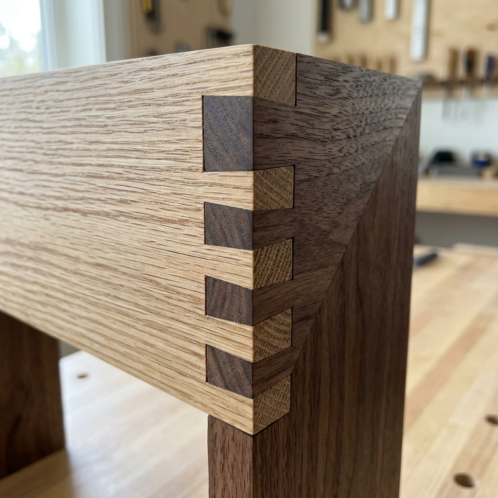 A high-precision interlocking finger joint showing timber wood grains matching seamlessly
