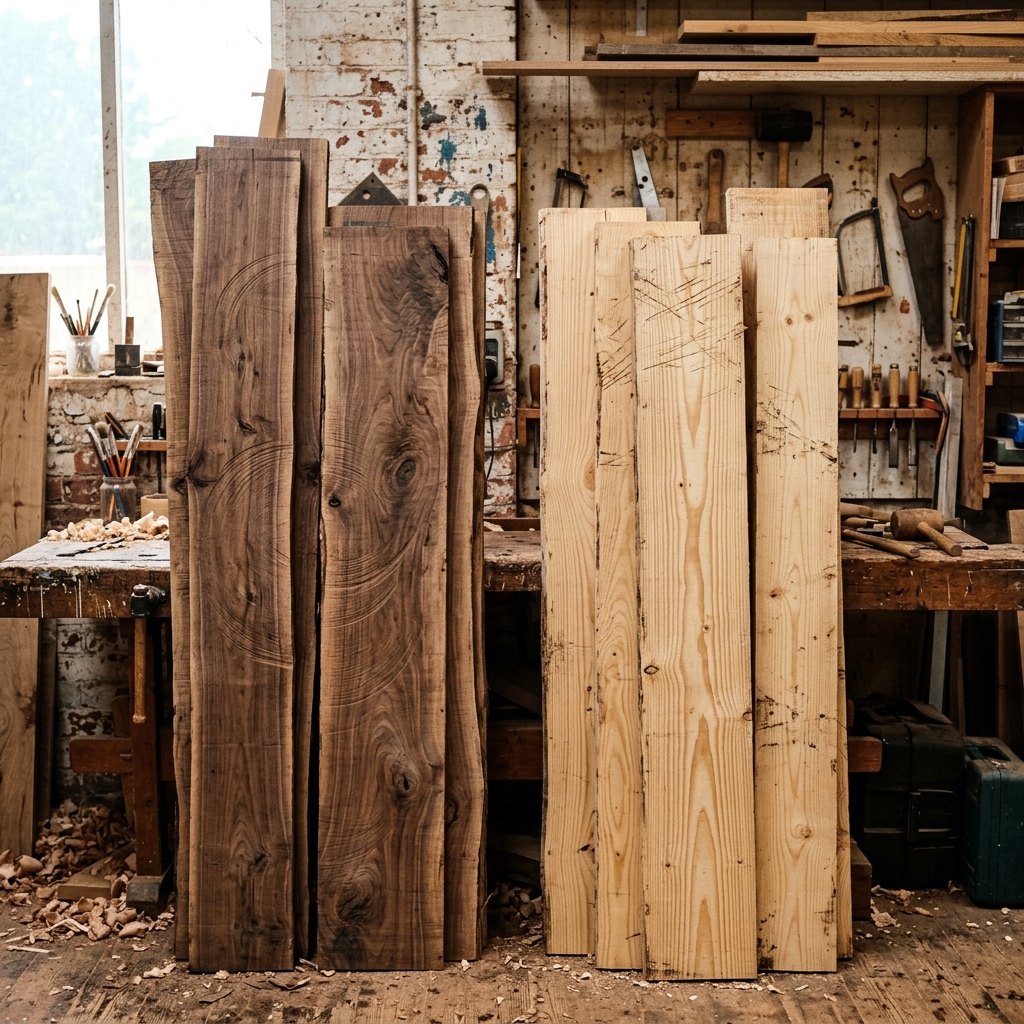 Sustainably harvested raw walnut and cedar wood planks stacked in the studio workshop