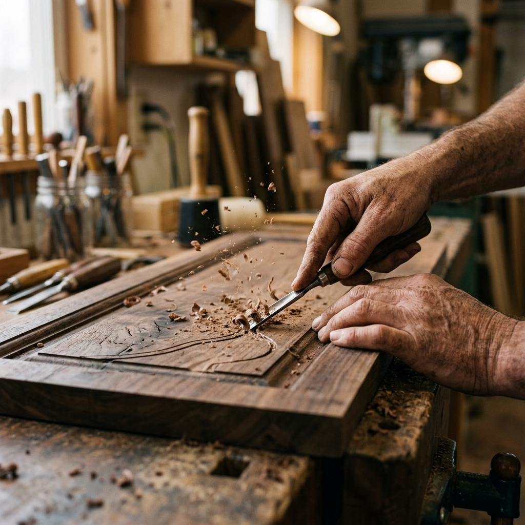 Chisel carving fine channels into a dark walnut panel