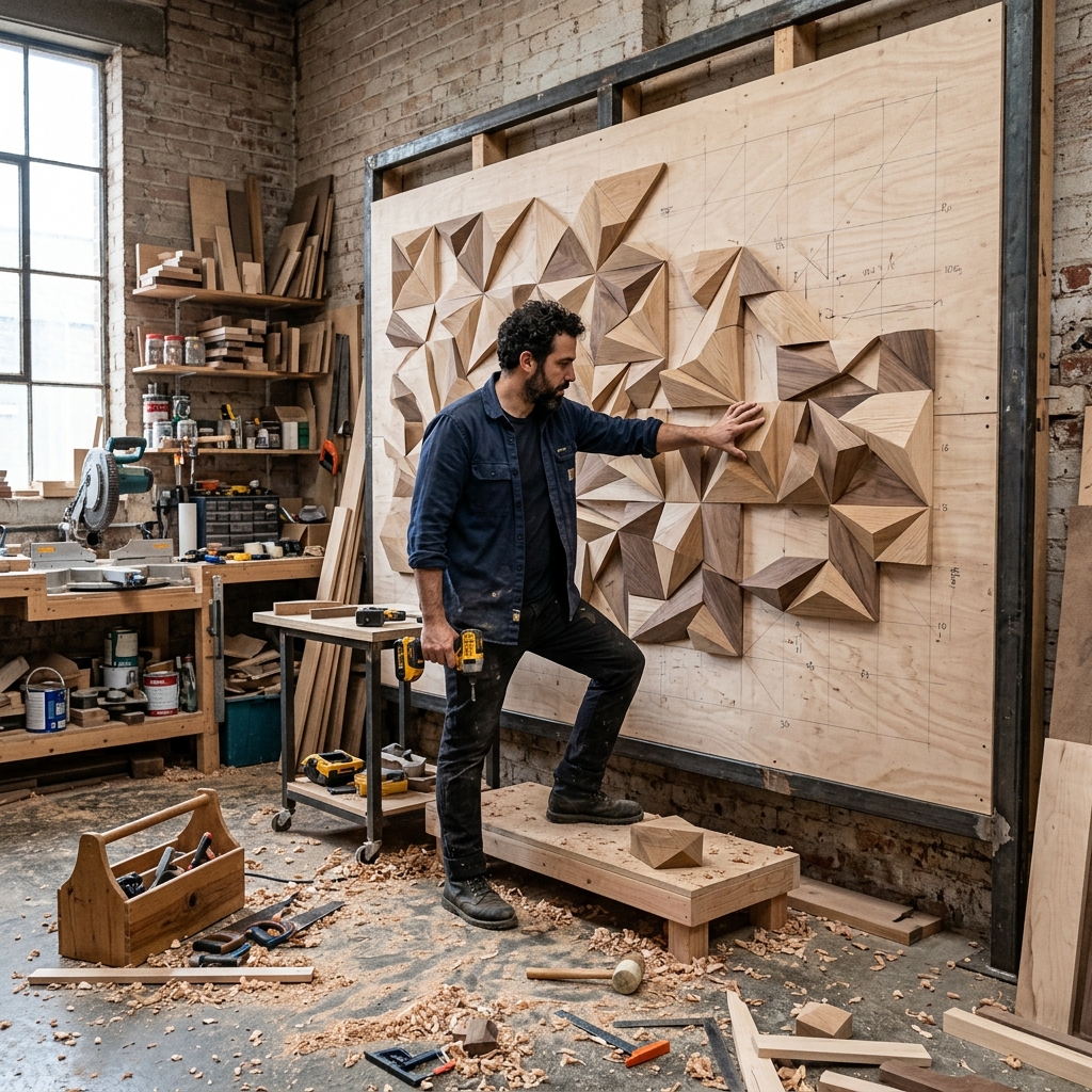 Aligning geometric wooden tiles on a large grid board