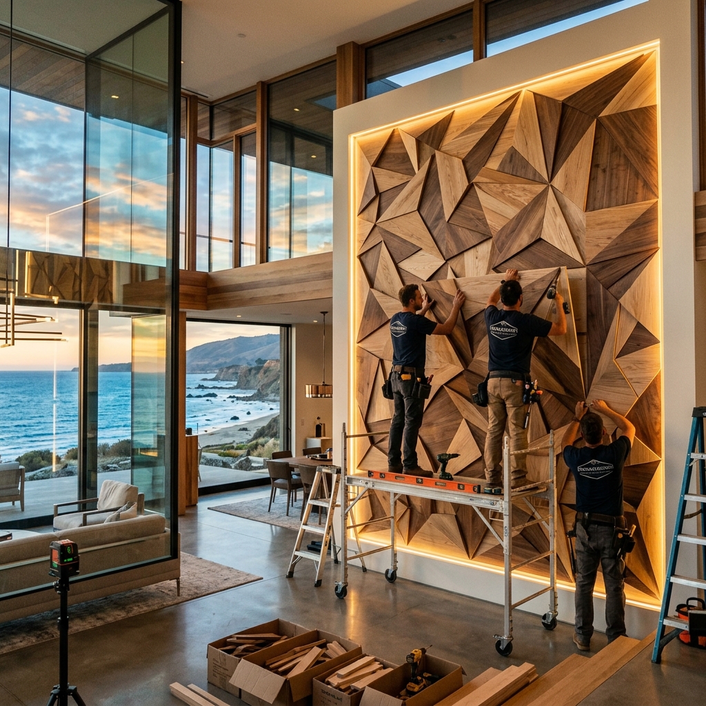 Jesus installing custom wood mural inside a modern luxury coastal home