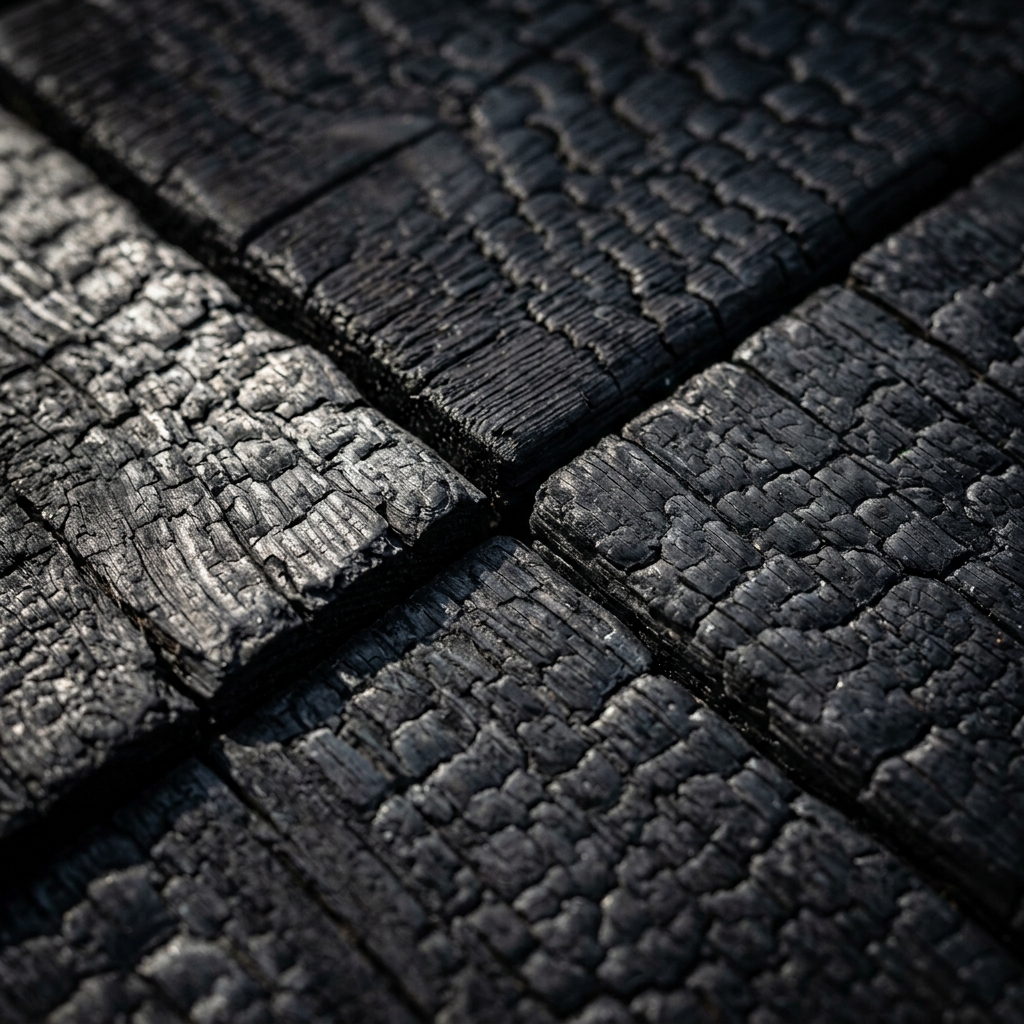 Carbonized Shou Sugi Ban tiles interlocking with high depth contrast