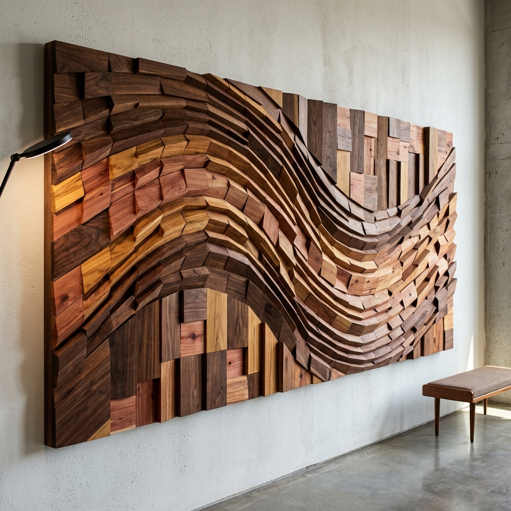 The Fractured Monolith - Asymmetric geometric wave relief made of walnut and teak